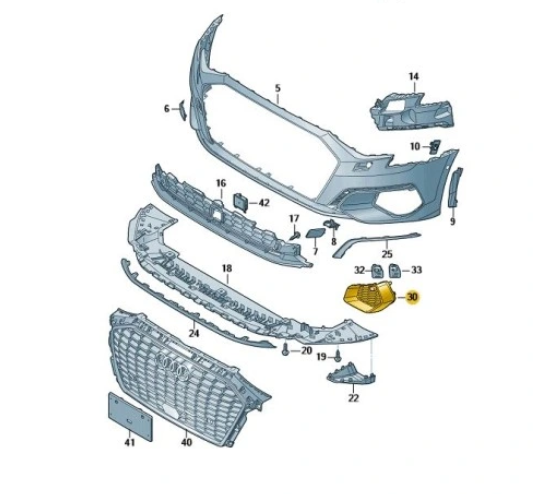 Grila bara protectie, spoiler Audi A3 (8y), 04.2020-, montare fata, dreapta, nichel; gaura senzor parcare, RapidAuto